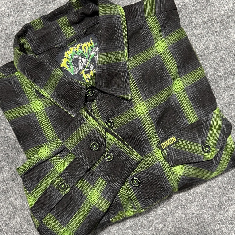 Dixxon Flannel Co THE SLIMER Mens Large Button Down Shirt Green Black Gray Plaid